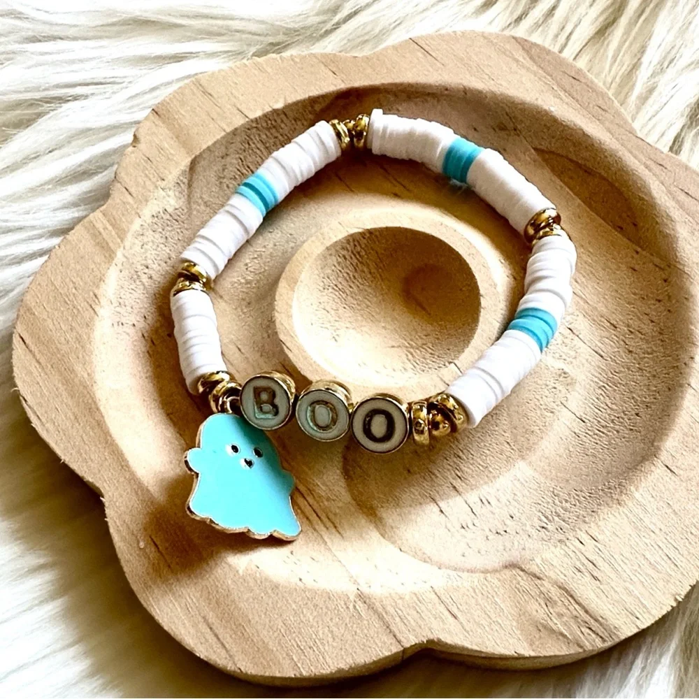 Handmade Ghost Charm with White and Blue Clay Beads Bracelet